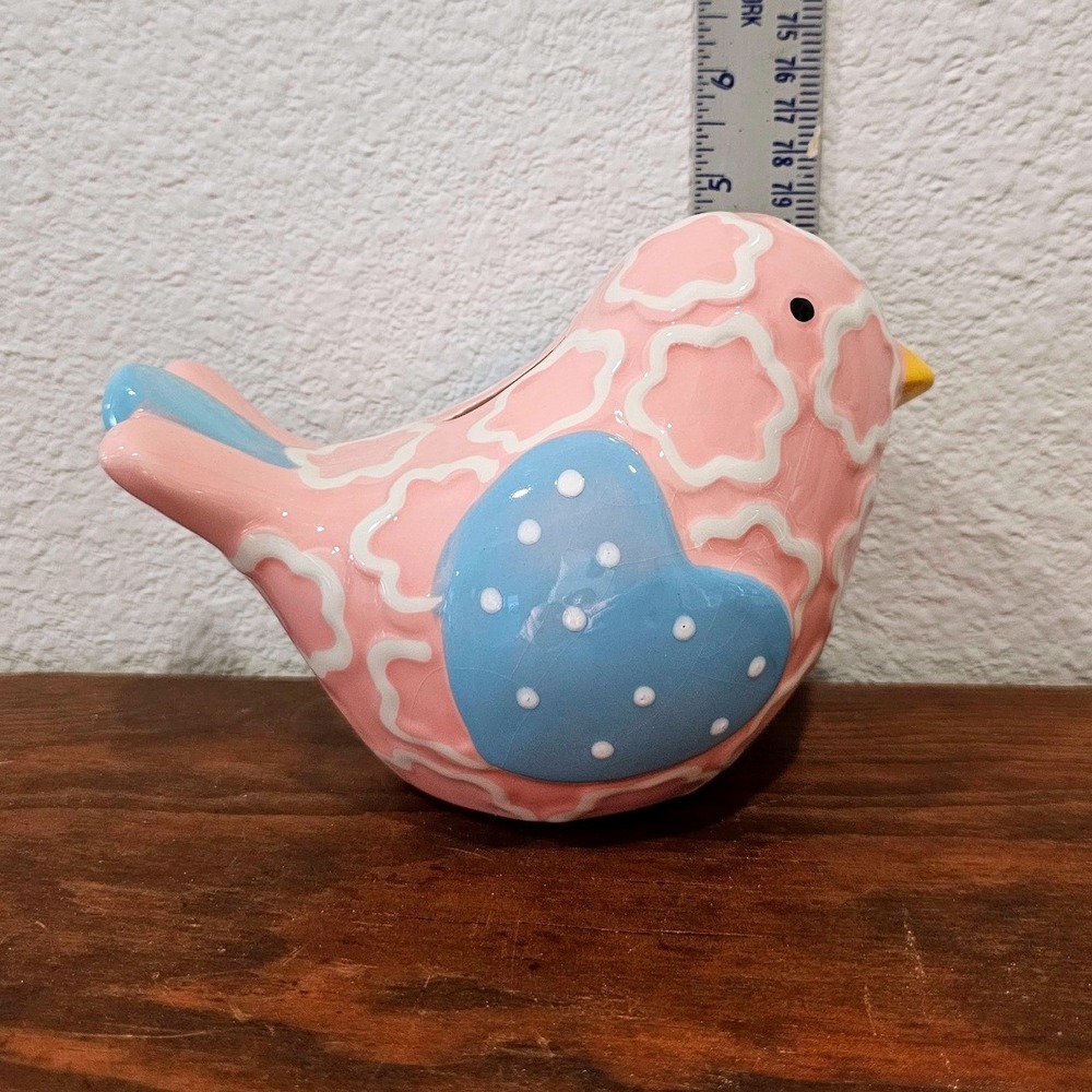 Child to Cherish Ceramic Birdie Bank Pink Floral Blue Polka Dot Blue Heart Wings